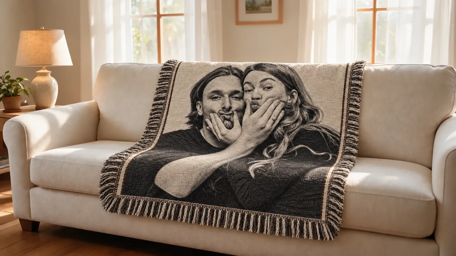 Our first throw: a black-and-white photo of two people squishing each other’s faces, woven and draped over a cream sofa