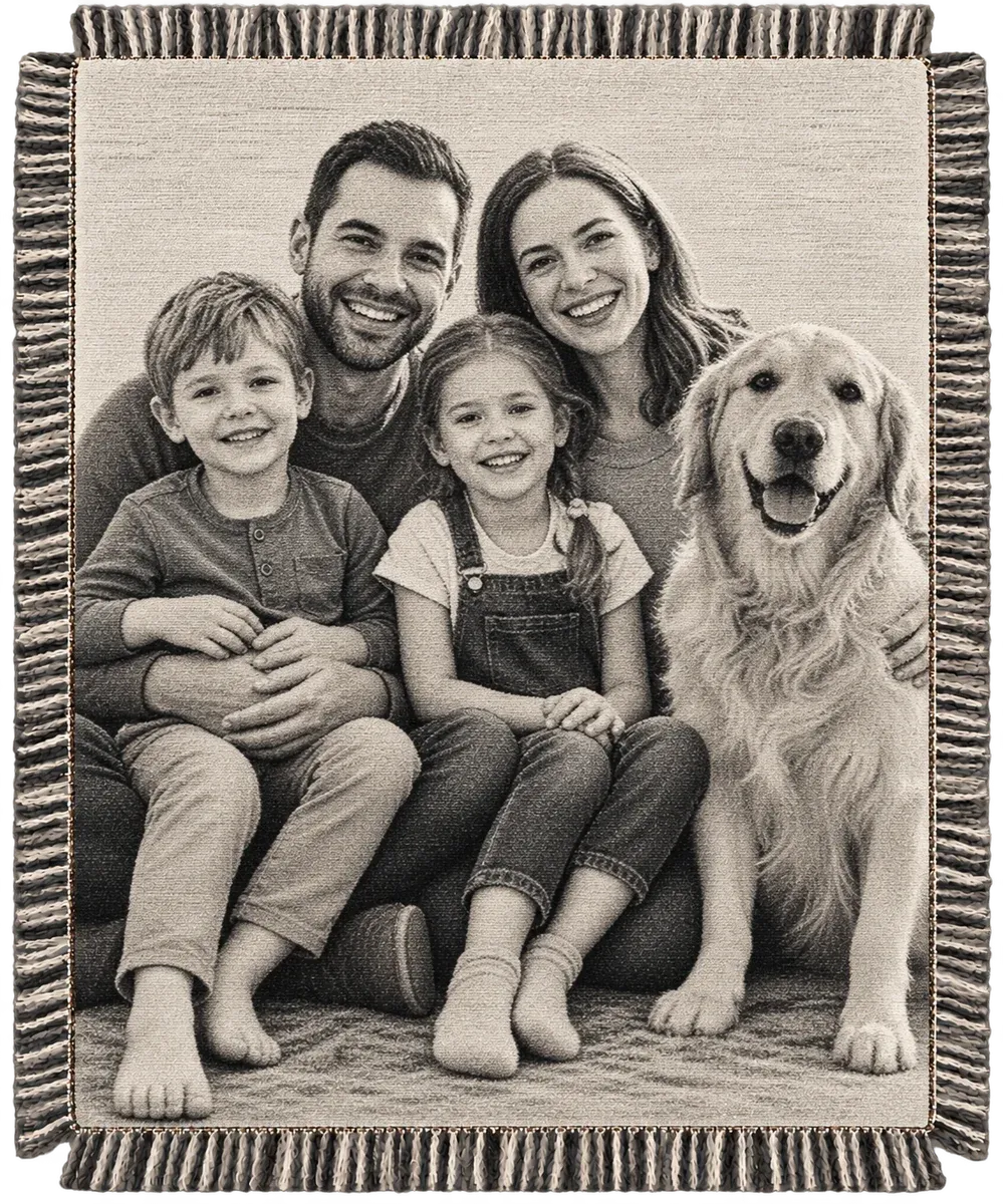 A black-and-white portrait throw of a family