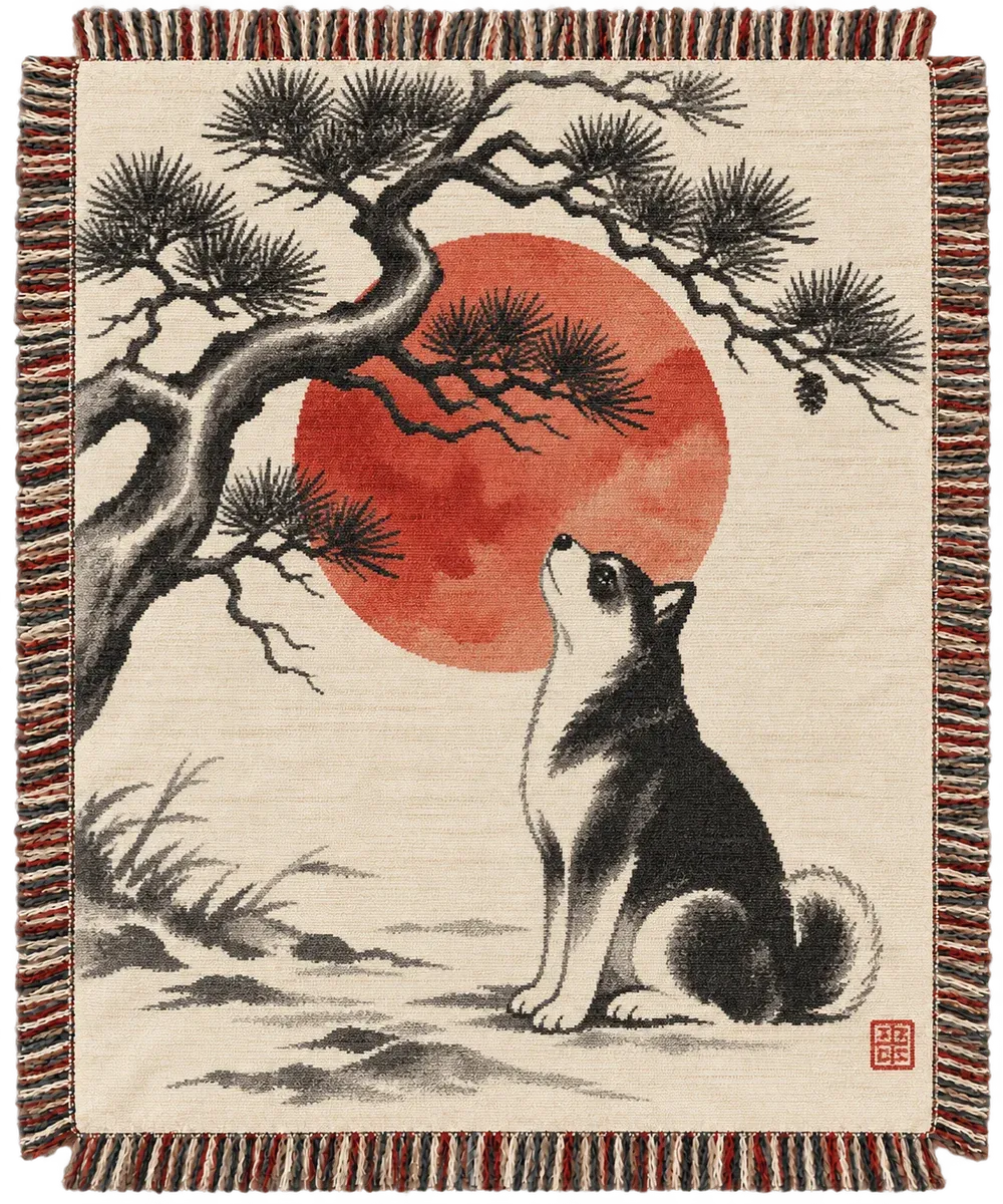 The Ink & Sun style: a shiba in loose black sumi ink in front of a big red sun, woven