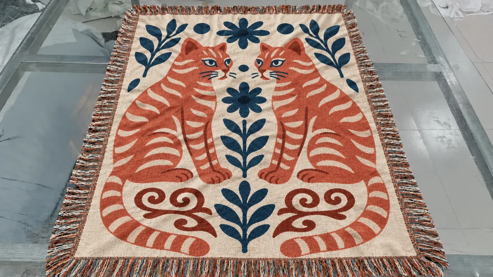 A finished Folk throw, two mirrored ginger cats among navy flowers, laid flat on the workshop table, fringe on all four sides