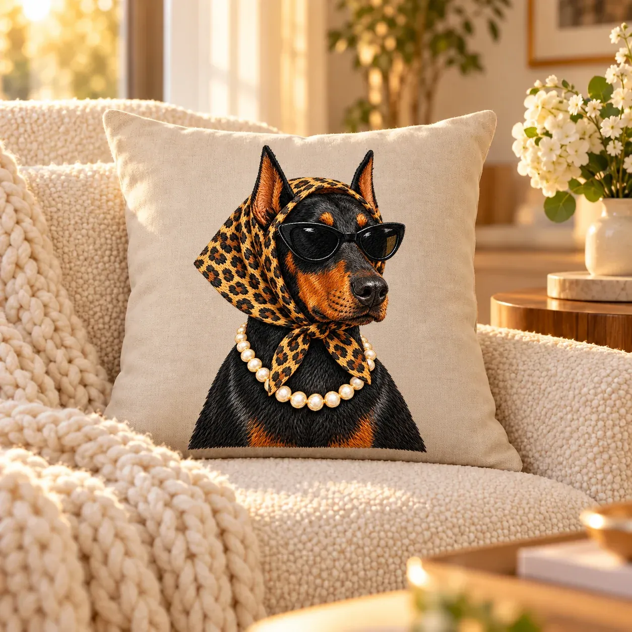 The Embroidered Pillow of a doberman in a leopard headscarf, sunglasses and pearls on a cream boucle chair