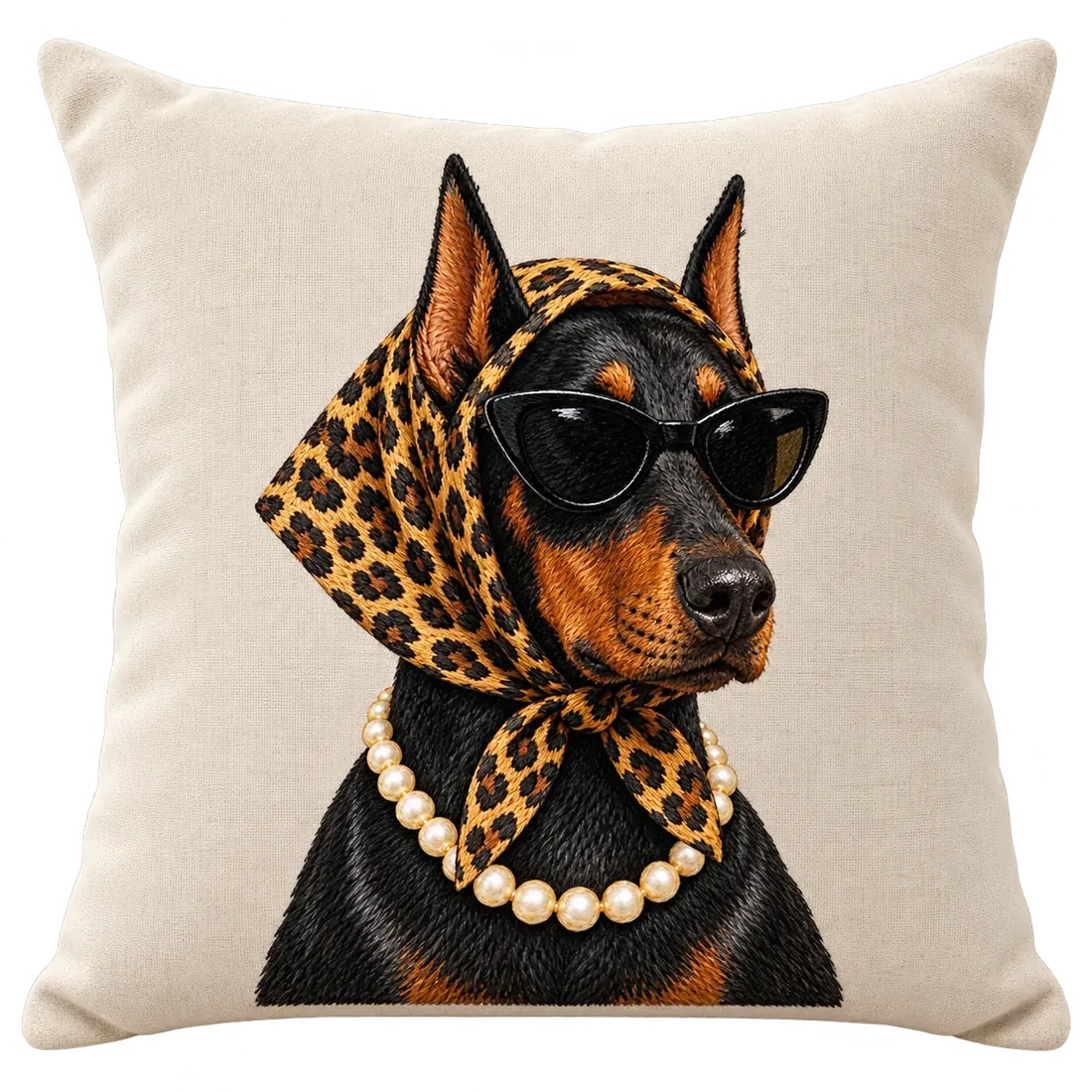 The Embroidered Pillow: a doberman in a leopard-print headscarf, black cat-eye sunglasses and a pearl necklace, stitched on natural linen