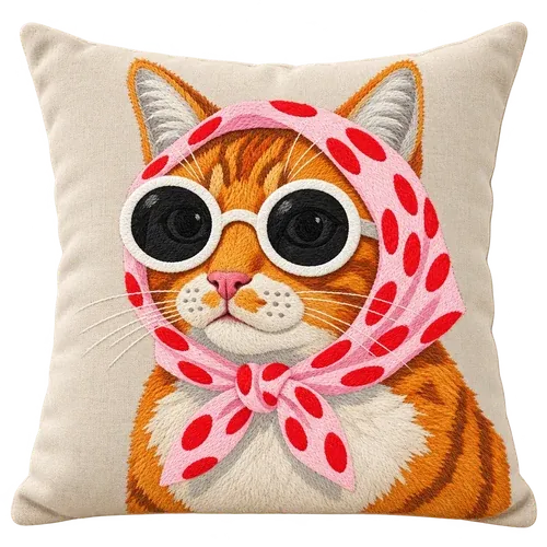 The Olive Pillow embroidered pillow. The ginger cat in her polka-dot headscarf, stitched on natural linen.
