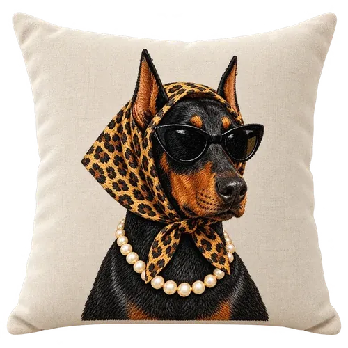 The Doberman in Pearls embroidered pillow. Leopard headscarf, cat-eye shades, pearls. Stitched in full colour.