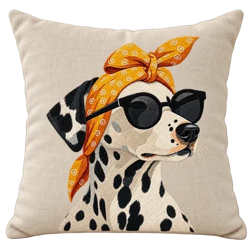 The Pepper Pillow embroidered pillow. The dalmatian in paisley and shades, stitched on natural linen.