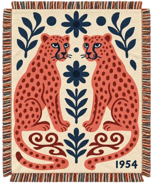 The Twin Leopards, 1954 throw. Two folk-art leopards face to face, with navy flowers and coral swirls.