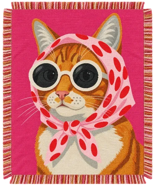 The Olive throw. A ginger cat in a polka-dot headscarf and round white shades, on hot pink.