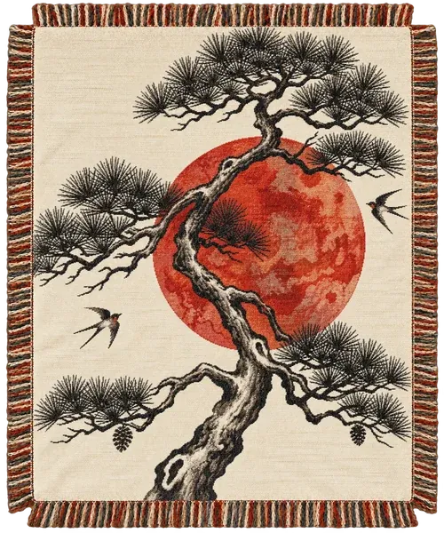 The Red Sun Bonsai throw. A twisted pine in black sumi ink against a big red sun.